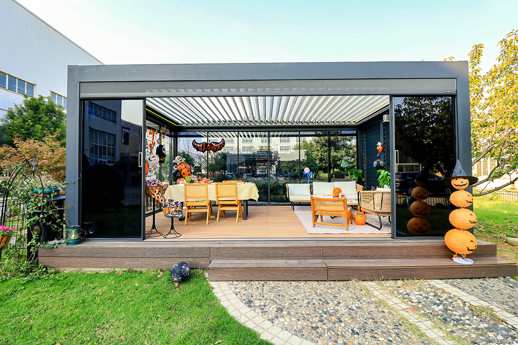 ‌ A pergola with glass doors